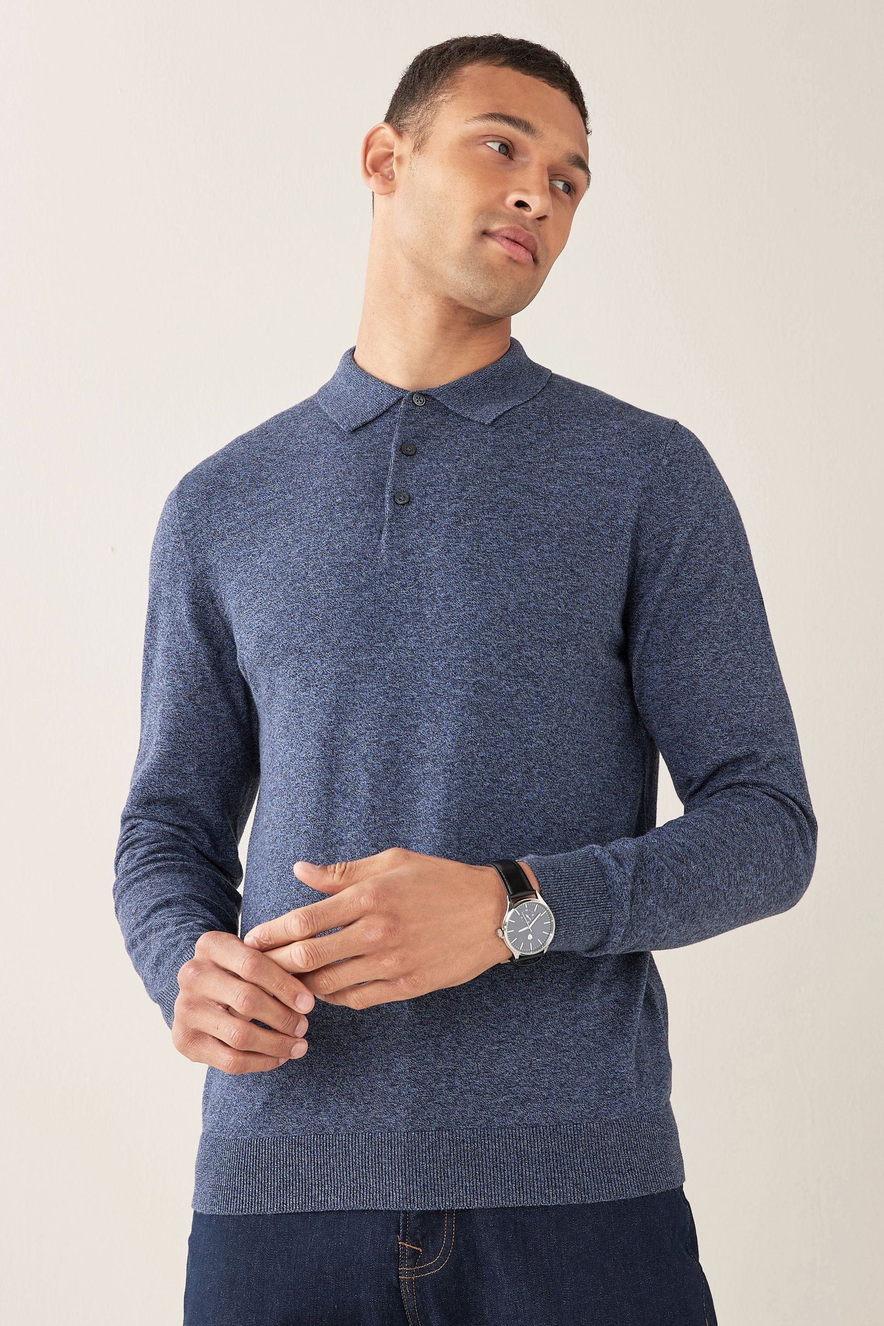 Buy Blue Regular Knitted Long Sleeve Polo Shirt from the Next UK online ...