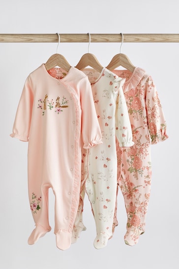 Pale Pink Bunny/Floral Baby Sleepsuits 3 Pack (0mths-2yrs)