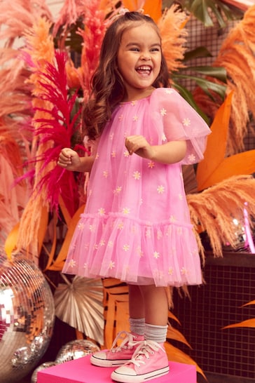 Buy Pink Daisy Embroidered Mesh Dress (3mths-8yrs) from the Next UK online shop