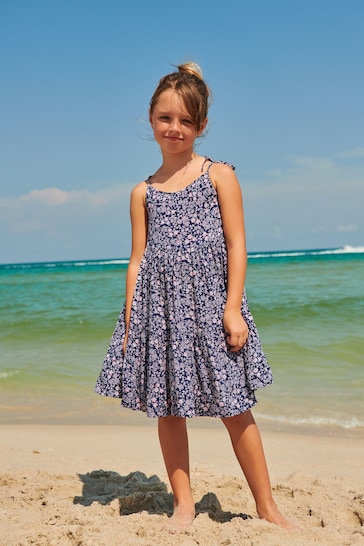 Navy Blue Ditsy Tiered Strappy Dress (3-16yrs)