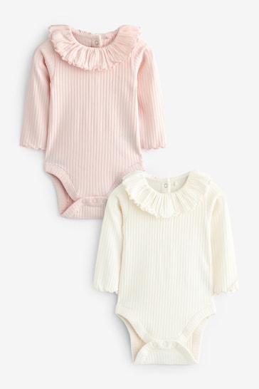 Pink/White Long Sleeved Frill Collar Bodysuits 2 Pack