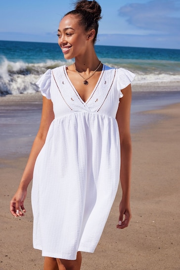 White Seersucker Beach Cover-Up Dress
