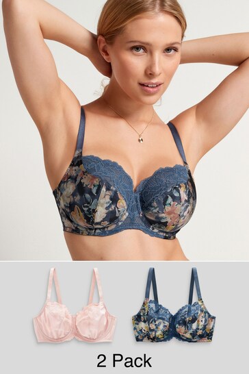 Navy Blue Floral Print/Light Pink DD+ Non Pad Wired Full Cup Microfibre & Lace Bras 2 Pack