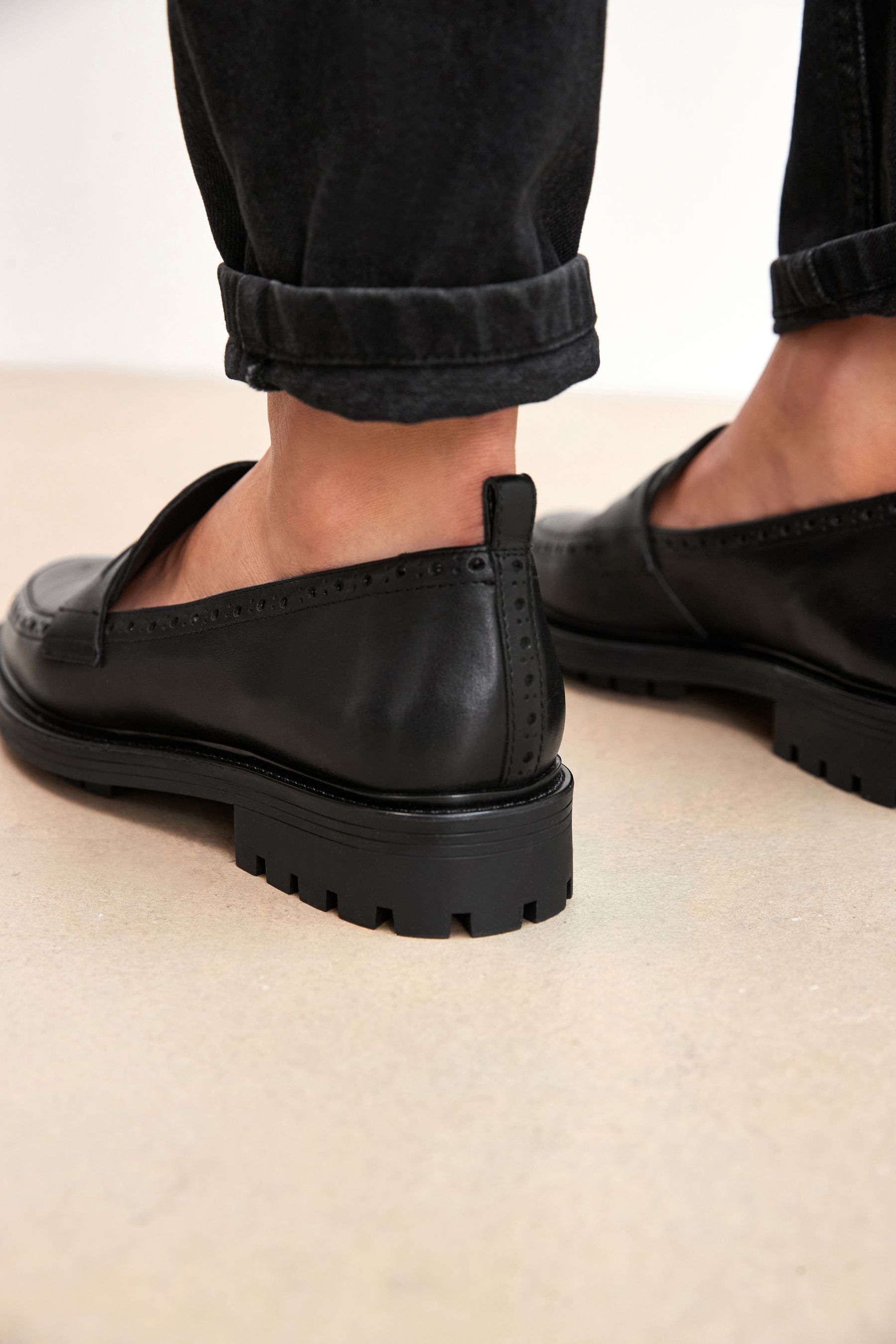 Buy Black Forever Comfort Leather Brogue Detail Chunky Loafer