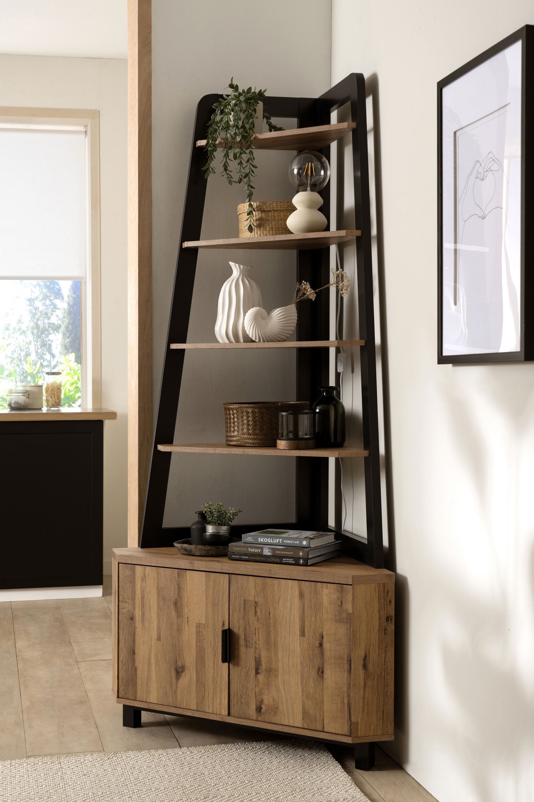 Corner ladder outlet shelf with drawer