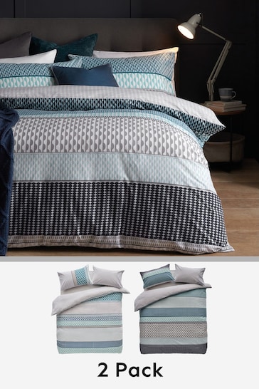 2 Pack Teal Blue Geo Reversible Duvet Cover and Pillowcase Set