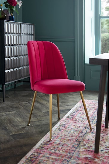 Set of 2 Soft Velvet Fuchsia Pink Brushed Gold Leg Stella Non Arm Dining Chairs