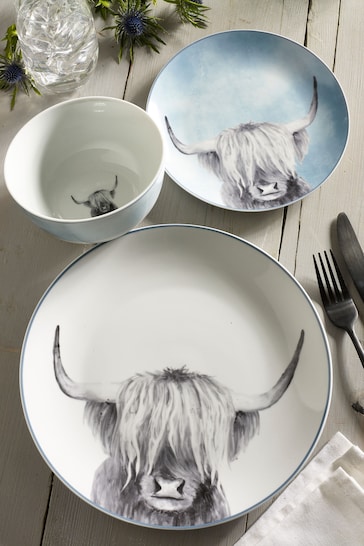 Teal Blue Hamish The Highland Cow 12 Piece Dinner Set