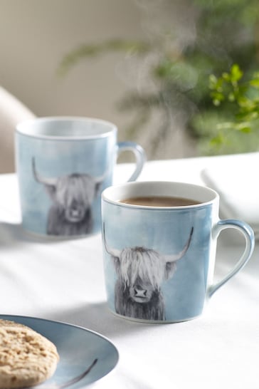 Set of 2 Teal Blue Hamish The Highland Cow Mugs