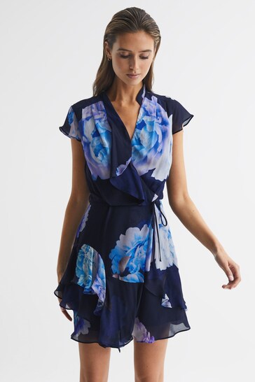 Reiss Black/Blue Macey Floral Print Wrap Dress