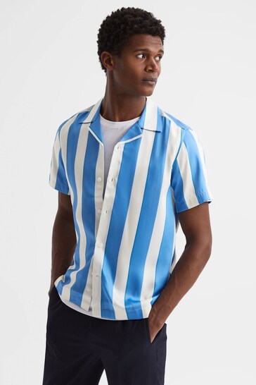 short sleeve blue and white striped shirt
