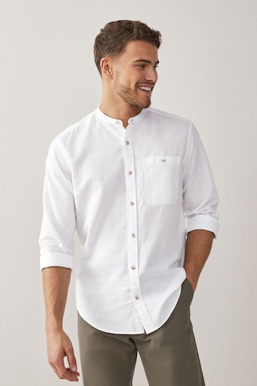 White Grandad Collar Linen Blend Long Sleeve Shirt