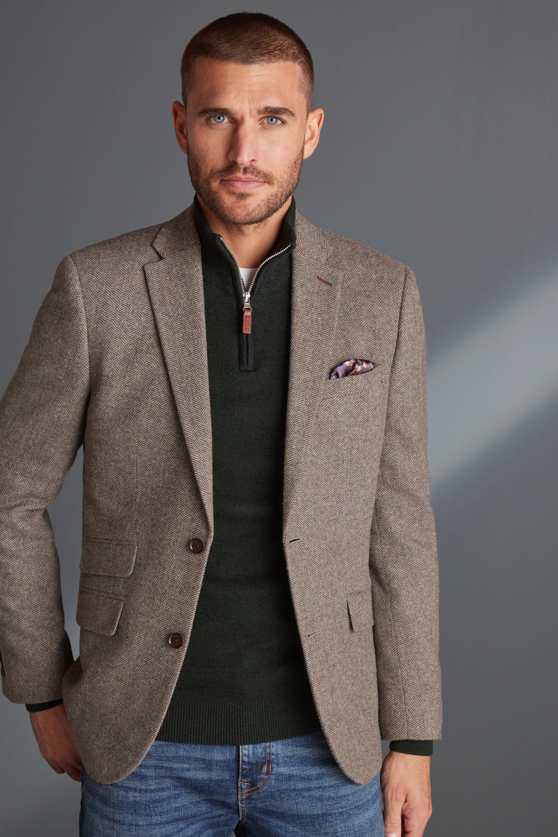 Taupe Brown Slim Nova Fides Signature Herringbone Wool Blazer