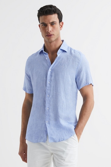 Reiss Soft Blue Holiday Slim Fit Linen Button-Through Shirt