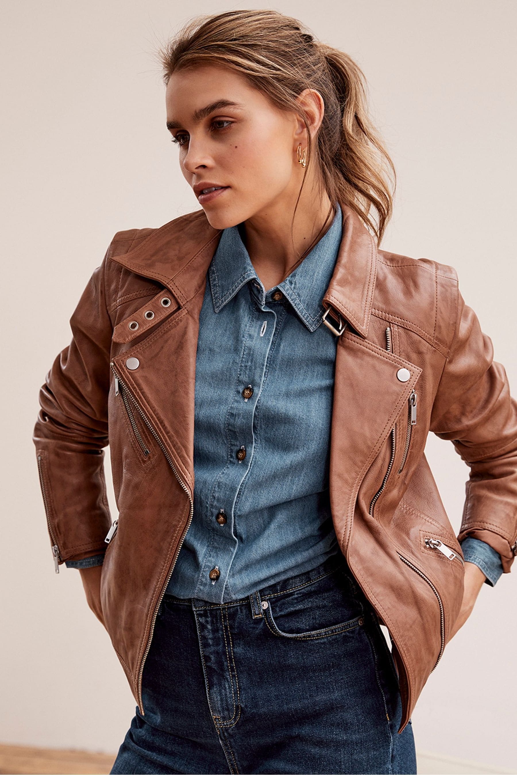 Tan leather jacket outlet womens uk