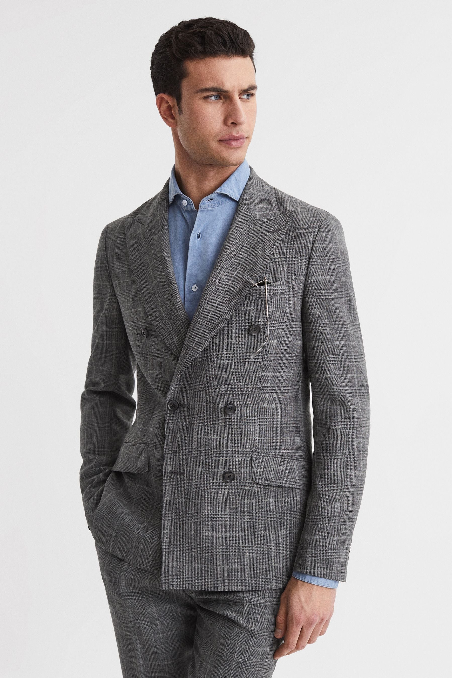 Buy Reiss Grey Newbury Slim Fit Double Breasted Checked Blazer