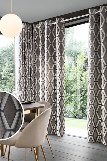Grey Collection Luxe Heavyweight Geometric Cut Velvet Lined Eyelet Curtains