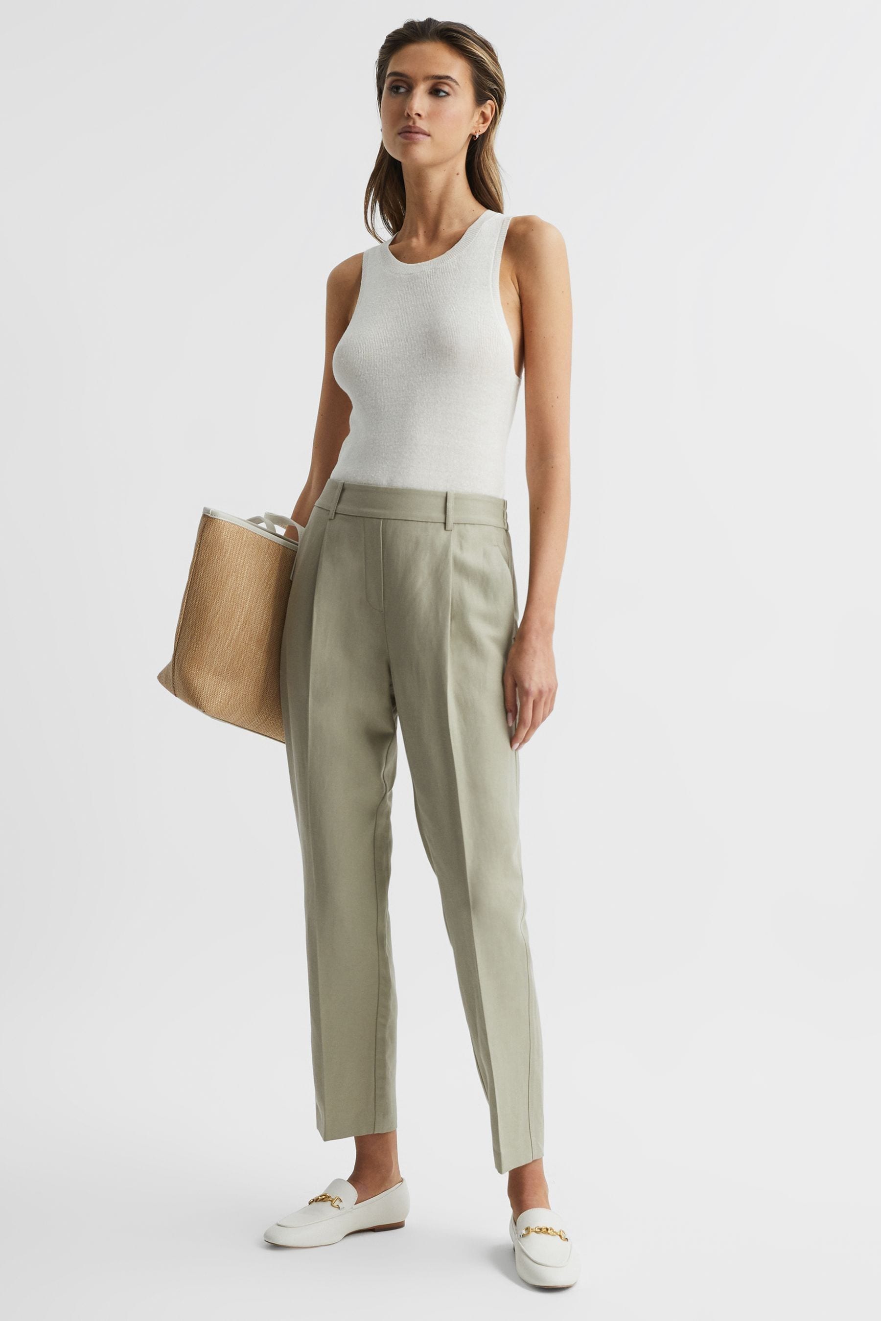 Buy Reiss Khaki Shae Taper Tapered Linen Trousers from the Next UK ...