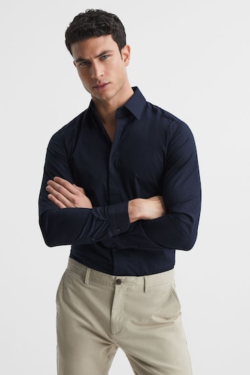 Reiss Navy Kiana Slim Fit Cotton Blend Shirt
