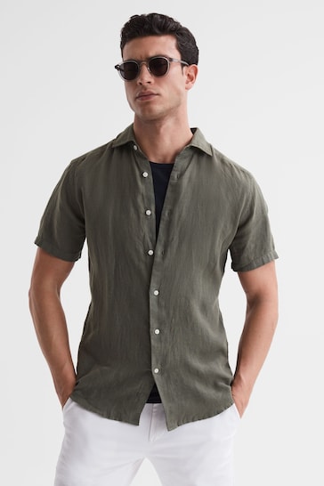 Reiss Olive Holiday Slim Fit Linen Button-Through Shirt
