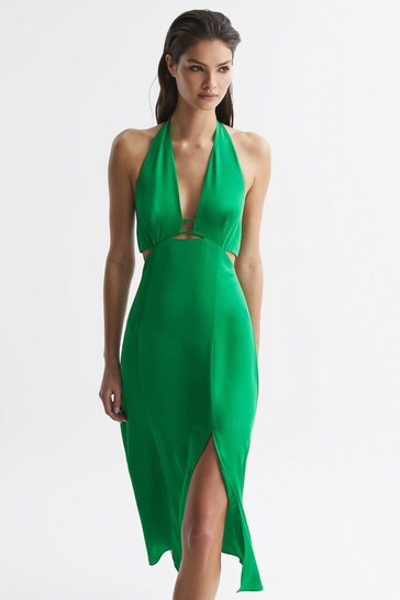 Reiss Green Maia Fitted Halter Neck Midi Dress