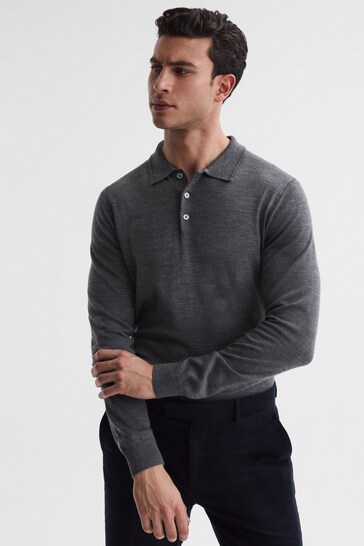 Buy Reiss Mid Grey Melange Trafford Merino Wool Polo Shirt from the ...