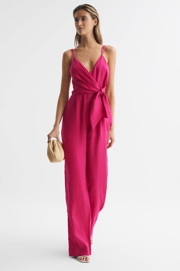 Buy Reiss Pink Emilia Petite V-Neck Linen Jumpsuit from the Next UK ...