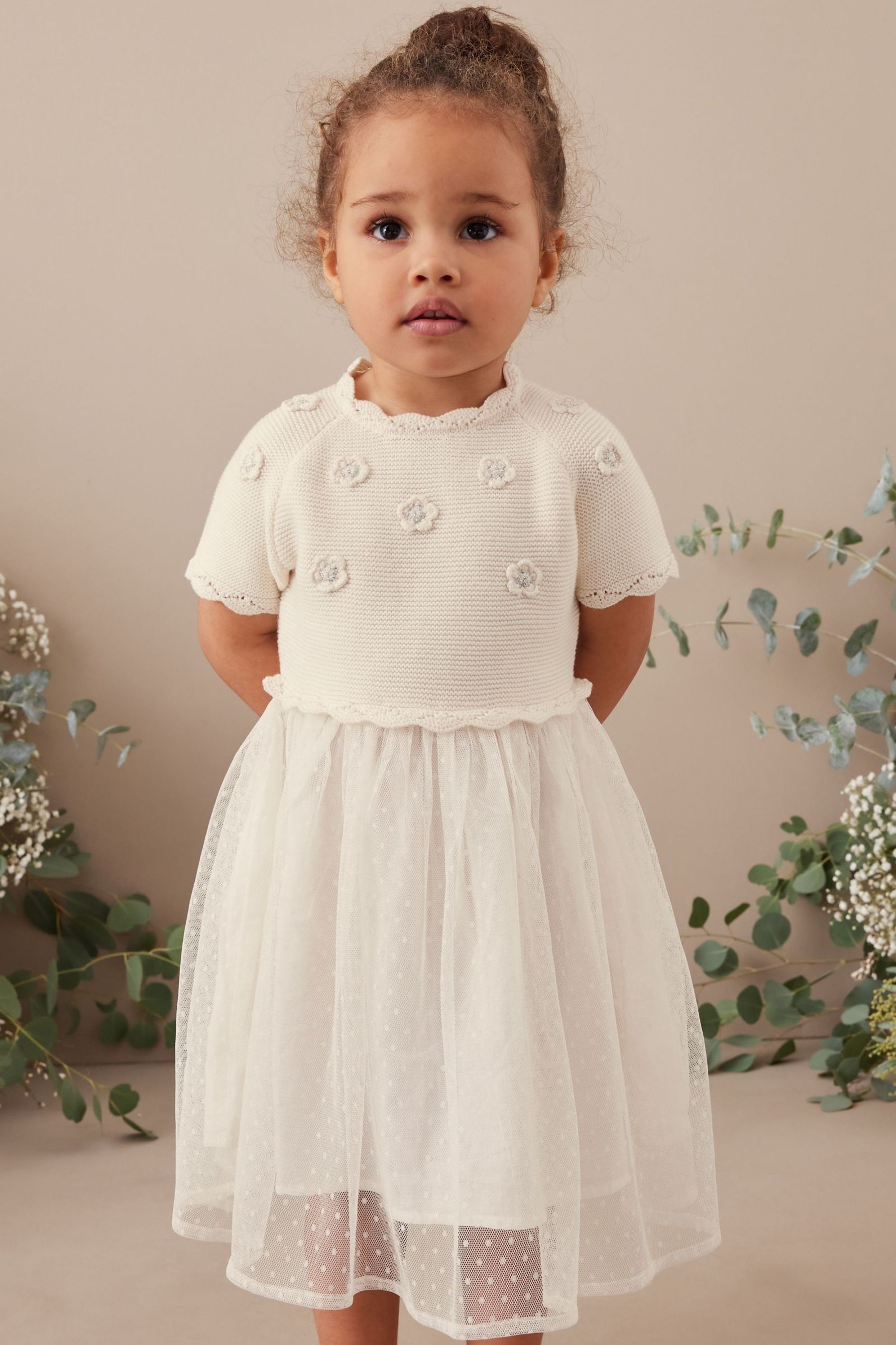 Buy Ecru Cream Marl Sparkle Jumper Dress With Woven Skirt 3mths