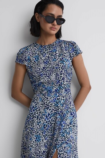 Reiss Blue Livia Petite Printed Cut Out Back Midi Dress