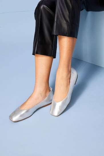 Silver Signature Leather Hi Cut Ballerina Shoes