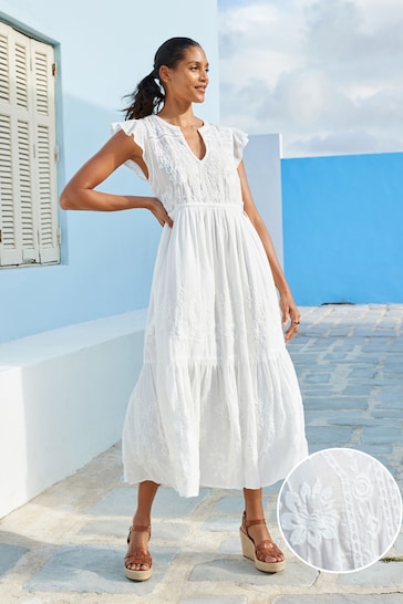 White Embroidered Cotton V-Neck Tiered Midi Summer Dress