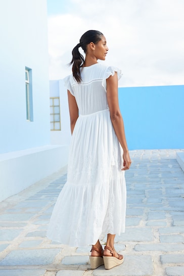 isabel Embroidered Cotton V-Neck Tiered Midi Summer Dress