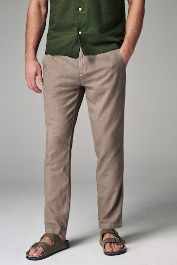 Mushroom Brown Slim Fit Linen Cotton Elasticated Drawstring Trousers