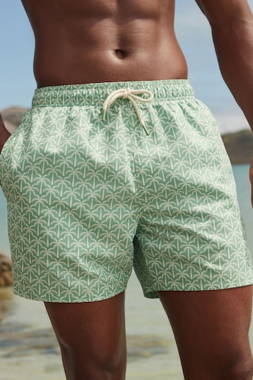 Sage Green Palm Tree Geo Regular Fit Printed Swim Shorts