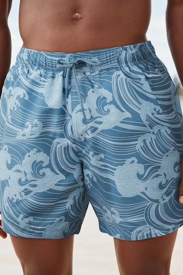 Slate Blue Wave Regular Fit Printed Swim Shorts