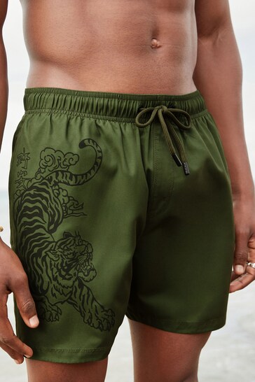 Khaki Green Tiger Regular Fit Printed Swim Shorts