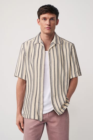 Cream/Blue Textured Stripe Short Sleeve Shirt