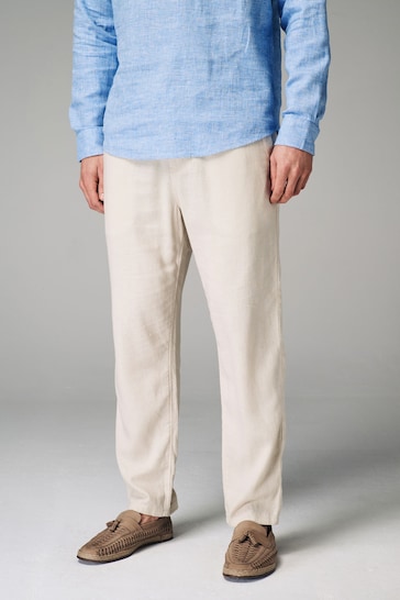 Ecru White Linen Blend Drawstring Trousers