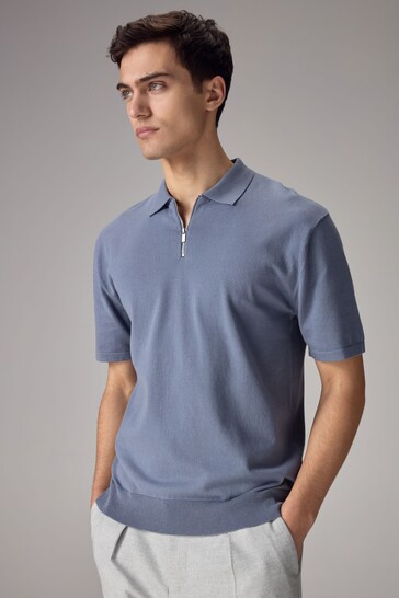 Blue Knitted Regular Fit Zip Polo Shirt