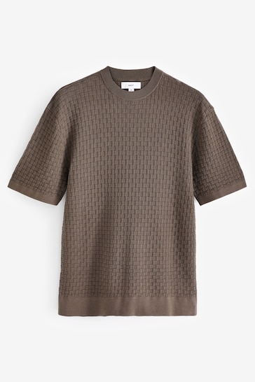 Brown Knitted Textured Relaxed Fit Crew