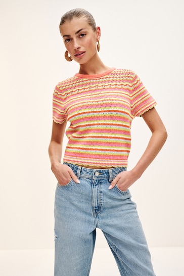 Pink Stripe Stitch Detail Knitted T-Shirt