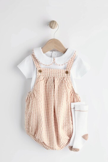 Neutral Gingham Woven Baby Bloomer Dungaree And Bodysuit Set (0mths-2yrs)