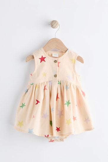 Cream/Multi Star Print Baby Integral Knickers Dress (0mths-2yrs)