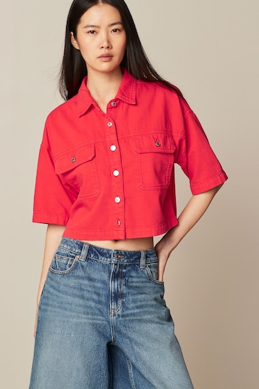 Red Cropped Oversized Denim Shirt