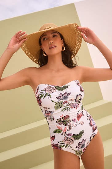 Cream/Pink Floral Tummy Shaping Control Bandeau Swimsuit