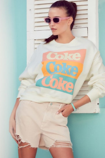 Ecru White License Coca Cola Graphic Relaxed Fit Sweatshirt