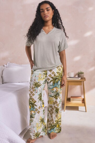 Sage Green Scene Print Linen Blend Short Sleeve Pyjamas