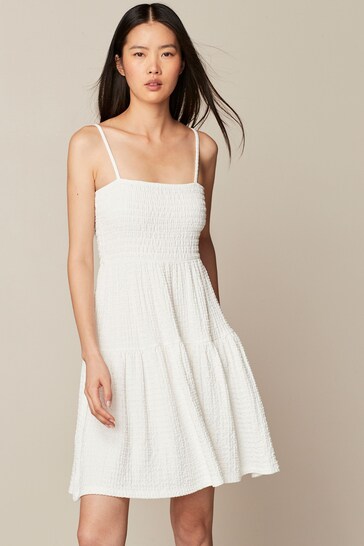 White Textured Tiered Jersey Summer Strappy Mini Dress