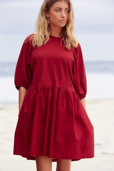 Red Puff Sleeve Mini Jersey Dress