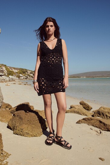 Black Mini Crochet Cover-Up Dress